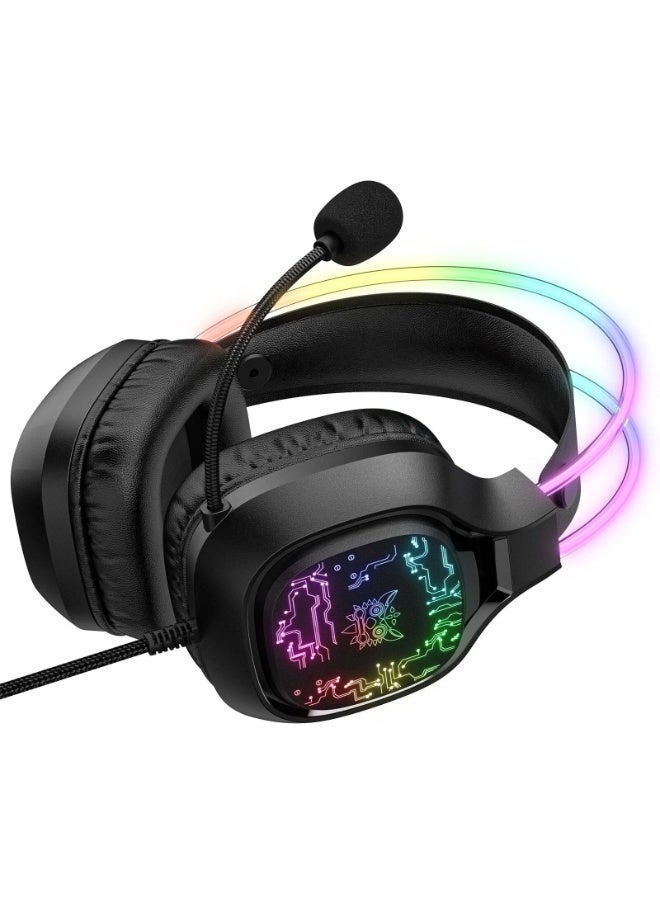 أونيكوما سماعات رأس للألعاب X22 RGB، سماعة رأس فوق الأذن مع ميكروفون، تقليل الضوضاء، التحكم في مستوى الصوت، إضاءة LED، تصميم متين ومريح، متوافقة مع أجهزة الكمبيوتر الشخصية والكمبيوتر المحمول وبلاي ستيشن 4 وبلاي ستيشن 5 وإكس بوكس - Image 2