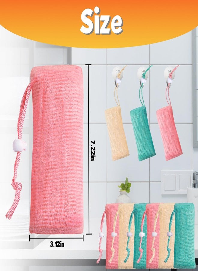 Feelorna 6Pcs Mesh Soap Bag, 3 Colors 6-layer Soft Soaps Pouch with Adjustable Buckle and Drawstring Soap Saver Bag to Create Foam for Body Facial Cleaning (3.12 "x 7.22" Green Pink Beige) - Image 2