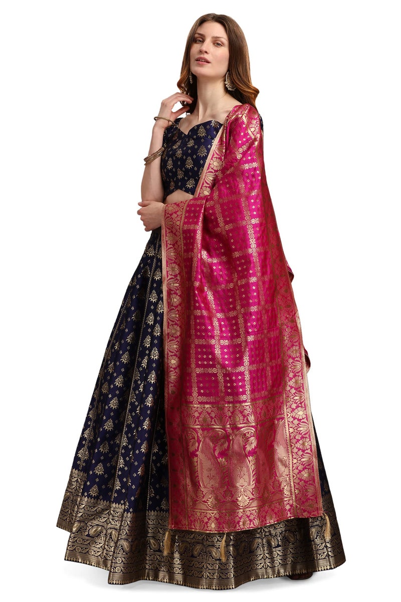 PURVAJA Women's Jacquard Semi-Stitched Lehenga choli (Trisha-Navy Blue_Navy Blue_Free Size) - Image 3