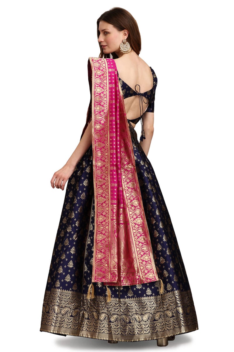 PURVAJA Women's Jacquard Semi-Stitched Lehenga choli (Trisha-Navy Blue_Navy Blue_Free Size) - Image 2