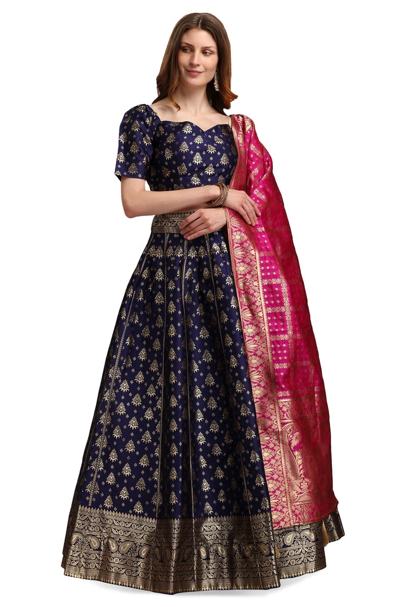 PURVAJA Women's Jacquard Semi-Stitched Lehenga choli (Trisha-Navy Blue_Navy Blue_Free Size) - Image 1