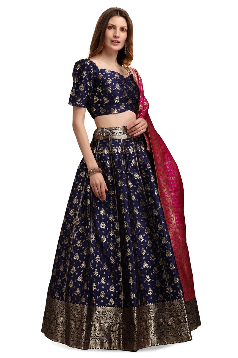 PURVAJA Women's Jacquard Semi-Stitched Lehenga choli (Trisha-Navy Blue_Navy Blue_Free Size) - Image 4