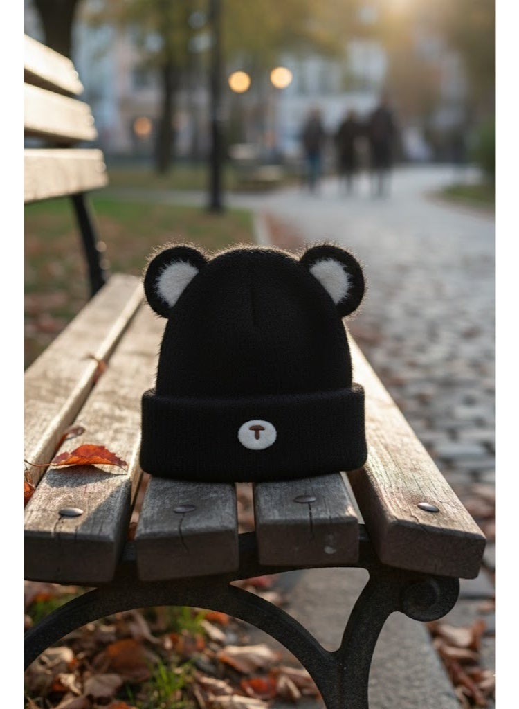 zoba Cute Bear Winter Kids' Ice Cap - Soft Mohair Hat with Fluttering Ears - Warm and Lightweight - Suitable for Girls and Boys - Stylish Black Color - Perfect for Cold Weather - Image 3