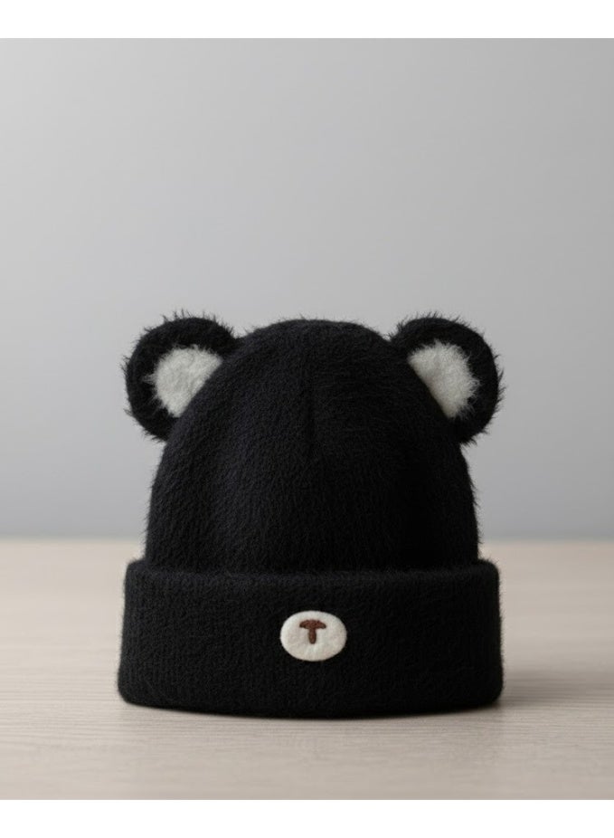 zoba Cute Bear Winter Kids' Ice Cap - Soft Mohair Hat with Fluttering Ears - Warm and Lightweight - Suitable for Girls and Boys - Stylish Black Color - Perfect for Cold Weather - Image 1