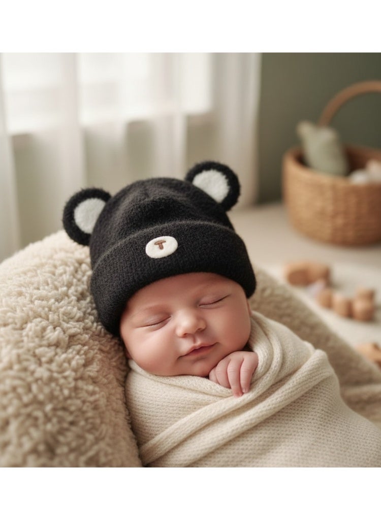 zoba Cute Bear Winter Kids' Ice Cap - Soft Mohair Hat with Fluttering Ears - Warm and Lightweight - Suitable for Girls and Boys - Stylish Black Color - Perfect for Cold Weather - Image 5