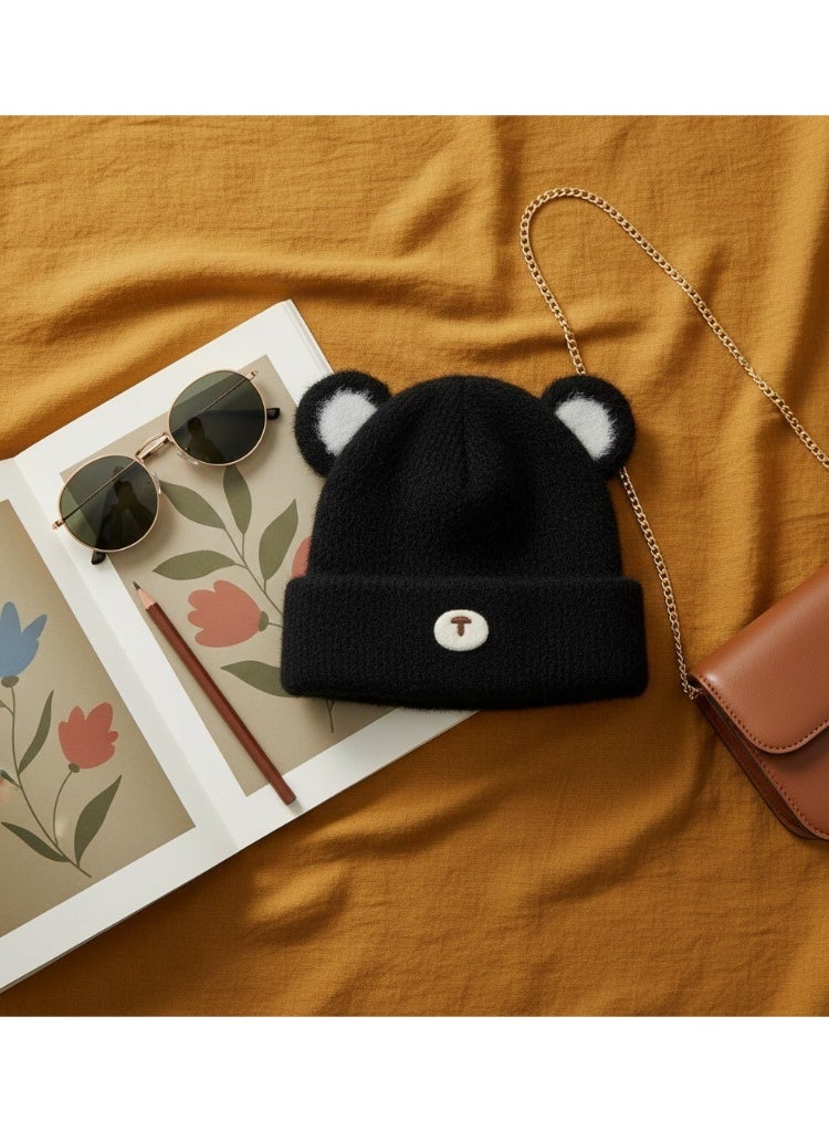 zoba Cute Bear Winter Kids' Ice Cap - Soft Mohair Hat with Fluttering Ears - Warm and Lightweight - Suitable for Girls and Boys - Stylish Black Color - Perfect for Cold Weather - Image 2