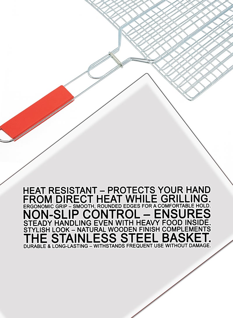 DBLEW Grill Basket with Wooden Handle for BBQ, 40x30x3 cm Stainless Steel Mesh, Heat-Resistant Grip, Lockable Food Holder, Outdoor Charcoal & Gas Grill Cooking Tool - Image 3