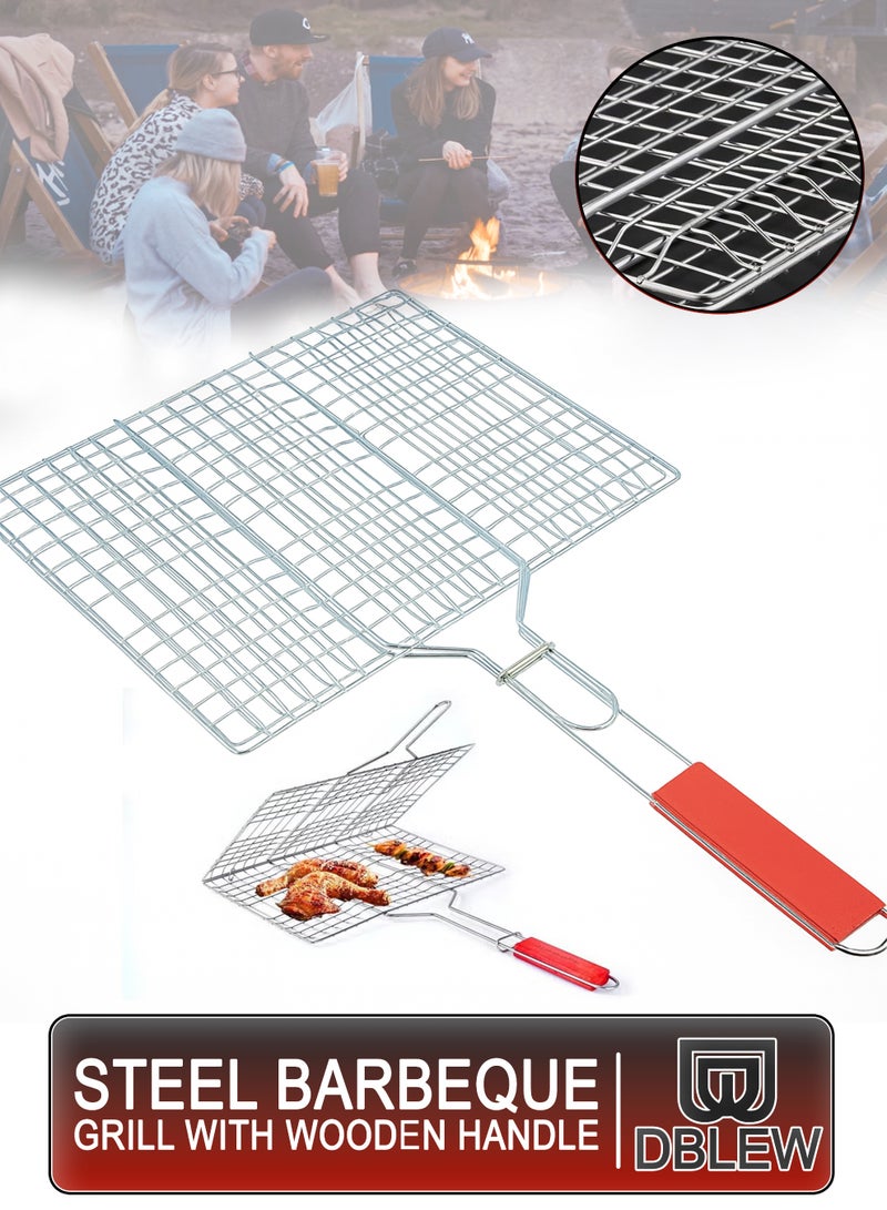 DBLEW Grill Basket with Wooden Handle for BBQ, 40x30x3 cm Stainless Steel Mesh, Heat-Resistant Grip, Lockable Food Holder, Outdoor Charcoal & Gas Grill Cooking Tool - Image 1