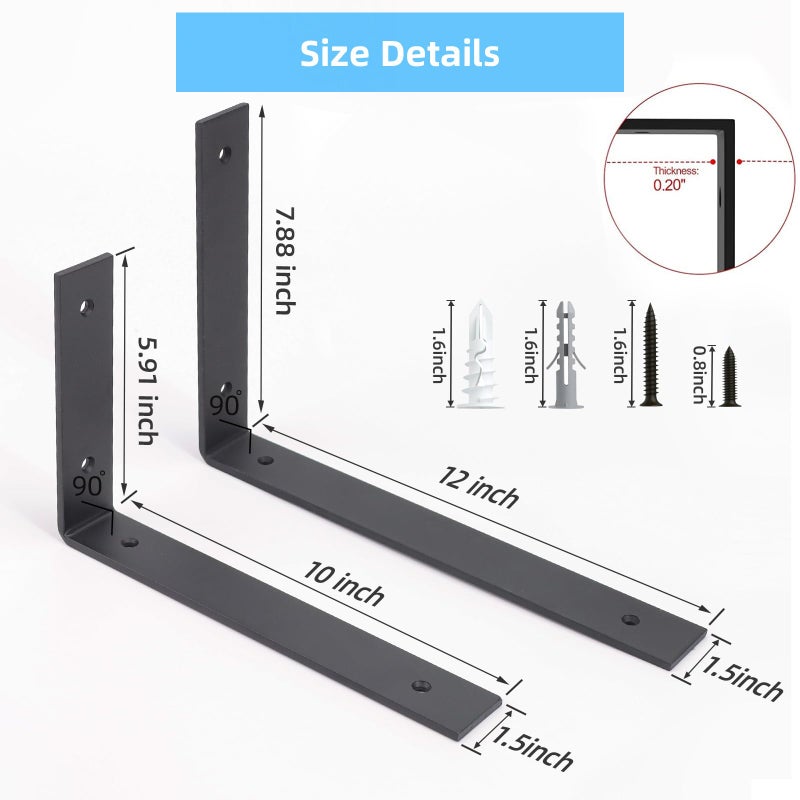 WEKIS 6-Pack Heavy Duty 12-Inch Black Shelf Brackets, L Shelf Bracket 12 Inch For Floating Shelves, 1/5-Inch Thick - Image 5