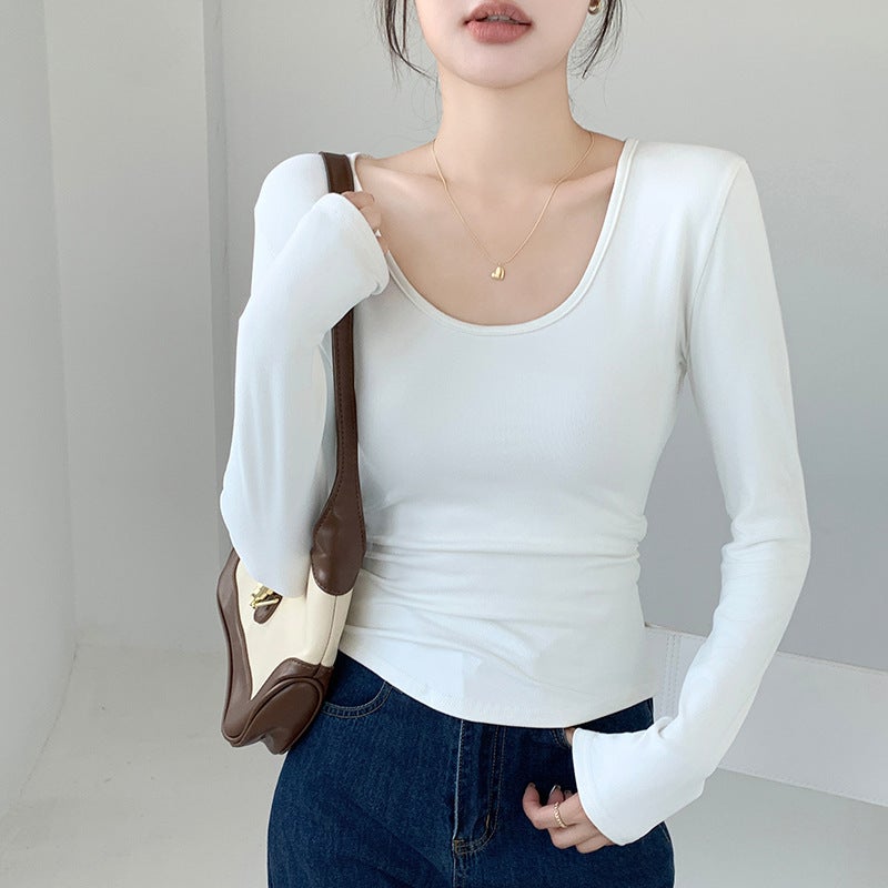 Coconut Fiber Large U-Neck Base Layer Autumn/Winter Brushed Inner T-Shirt Long Sleeve Waist-Controlled Slim Fit Wrinkle Cover Top