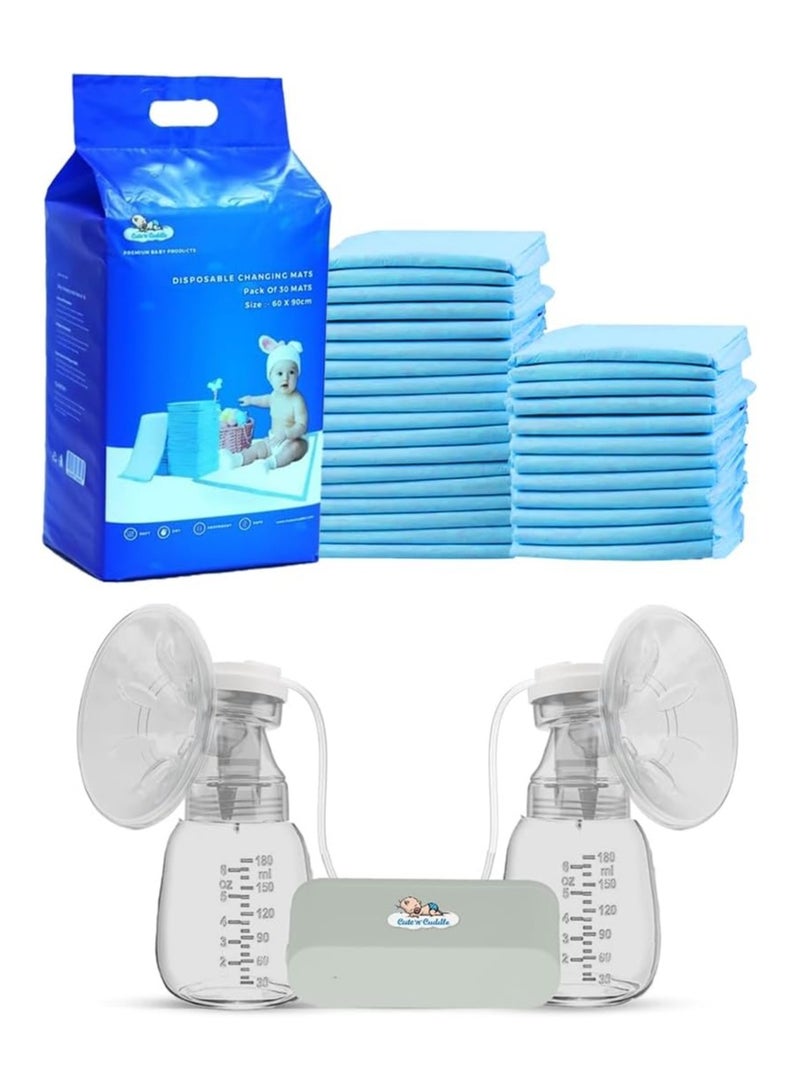 لطف وحضن حصائر تغيير حفاضات للأطفال من Cute 'n' Cuddle – عبوة تحتوي على 60 قطعة (60×90 سم، باللون الأزرق)، ناعمة، مقاومة للماء وذات امتصاص فائق، مع مضخة ثدي كهربائية – بدون استخدام اليدين، قابلة للارتداء، لاسلكية وقابلة لإعادة الشحن مع 9 مستويات و3 أوضاع. - Image 1