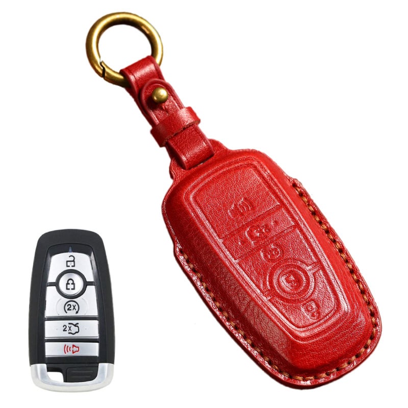 EASYANT for Ford Key Fob Cover Leather Car Key Fob Case for Ford F150 Mustang Smart Key Keyless Entry 5 Buttons Red