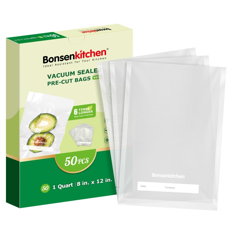 Bonsenkitchen Vacuum Sealer Bags, 50 Quart 8" x 12" Precut Food Sealer Bags, Commercial Grade, BPA Free, Heavy Duty, Customized Size Vacuum Bags for Vac Storage, Meal Prep or Sous Vide Cooking, VB12 - Image 1