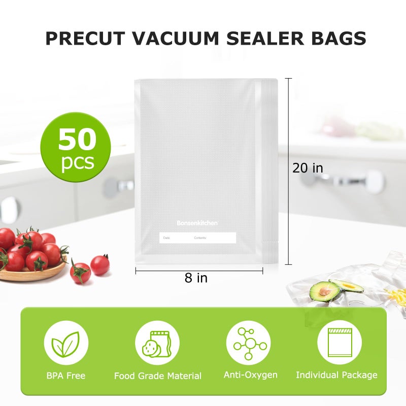 Bonsenkitchen Vacuum Sealer Bags, 50 Quart 8" x 12" Precut Food Sealer Bags, Commercial Grade, BPA Free, Heavy Duty, Customized Size Vacuum Bags for Vac Storage, Meal Prep or Sous Vide Cooking, VB12 - Image 2