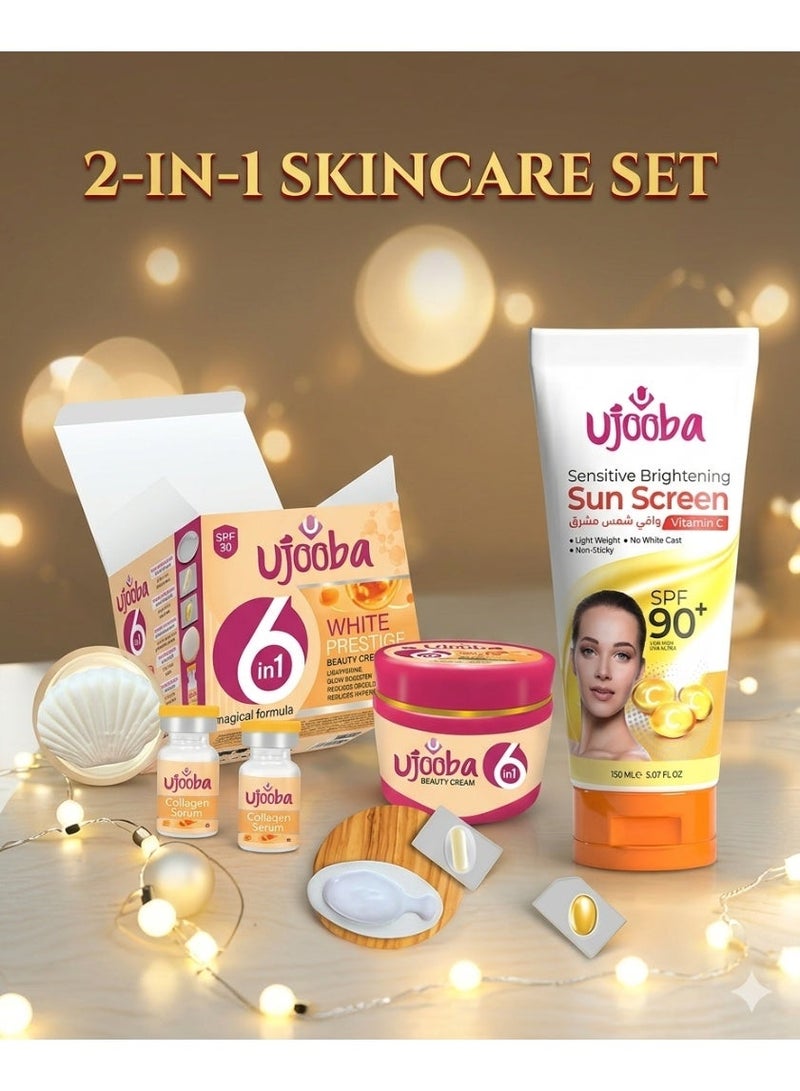 Ujooba 2-in-1 Brightening Sunscreen SPF90 + 6-in-1 White Prestige Beauty Cream Combo for Hydration, Glow & Even Tone Skin - Image 1