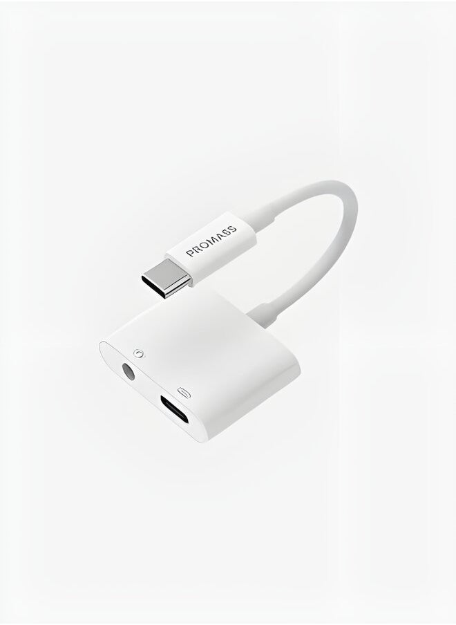 PROMASS Original Connection Type-C Charger and 3.5mm Headphone Jack 2 in 1 for Devices That Use a Type-C Charger White Colour.  - Image 1