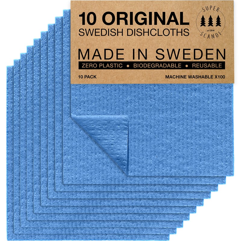 SUPERSCANDI 10 Pack Swedish Dishcloths for Kitchen  100 Biodegradable  Compostable Reusable Paper Towels Washable FoodSafe  Without Plastic  Dish Rags Suitable for Any Surface Blue