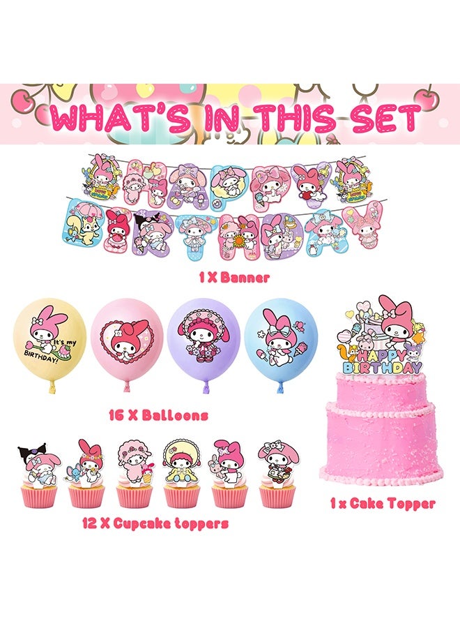 Sanrio My MelodyCartoon Birthday Decorations, My Melody Birthday Party Supplies, Include Happy Birthday Banner Cake Toppers Cupcake Toppers Balloons, Anime Theme Birthday Party Supplies(My Melody Birthday Set) - Image 2