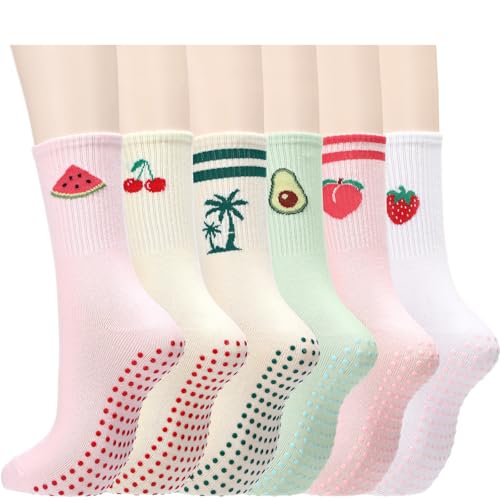 Cutecrop 6 Pairs Cute Pilates Grip Socks for Women Fruit Pink Yoga Non Slip Cotton Grippy Barre Crew Socks for Workout Athletic Hospital Ballet Gifts - Image 1