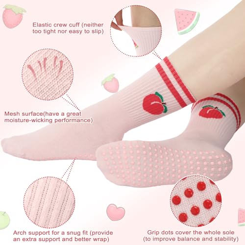 Cutecrop 6 Pairs Cute Pilates Grip Socks for Women Fruit Pink Yoga Non Slip Cotton Grippy Barre Crew Socks for Workout Athletic Hospital Ballet Gifts - Image 2
