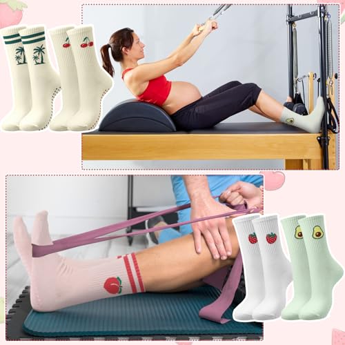 Cutecrop 6 Pairs Cute Pilates Grip Socks for Women Fruit Pink Yoga Non Slip Cotton Grippy Barre Crew Socks for Workout Athletic Hospital Ballet Gifts - Image 4