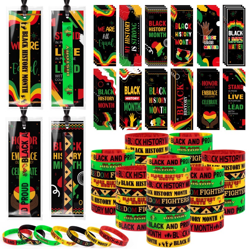 Moon Boat 100Sets Black History Month Decorations Gifts Bulk: Silicone Rubber Bracelets and Bookmarks Goodie Bag Stuffers African Party Favors - Image 1