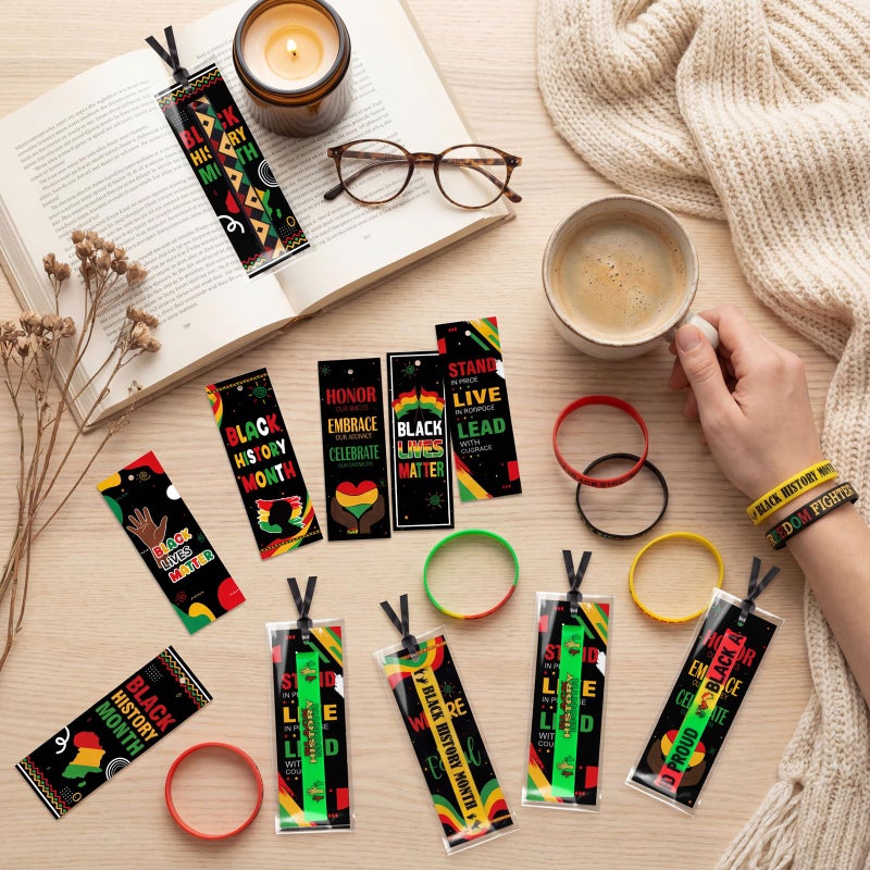 Moon Boat 100Sets Black History Month Decorations Gifts Bulk: Silicone Rubber Bracelets and Bookmarks Goodie Bag Stuffers African Party Favors - Image 2