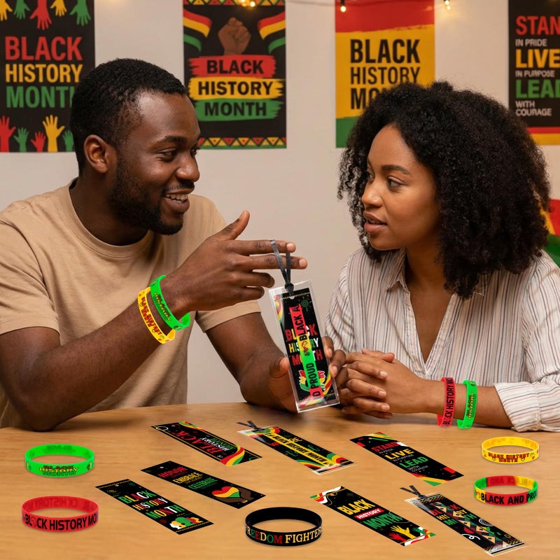 Moon Boat 100Sets Black History Month Decorations Gifts Bulk: Silicone Rubber Bracelets and Bookmarks Goodie Bag Stuffers African Party Favors - Image 5