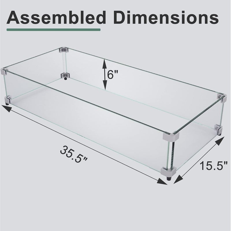 GASPRO 35.5 x 15.5 Inch Glass Wind Guard for Rectangular Fire Pit Table, Thick and Sturdy Tempered Glass Panel with Hard Aluminum Corner Bracket & Rubber Feet, Easy to Assemble - Image 2