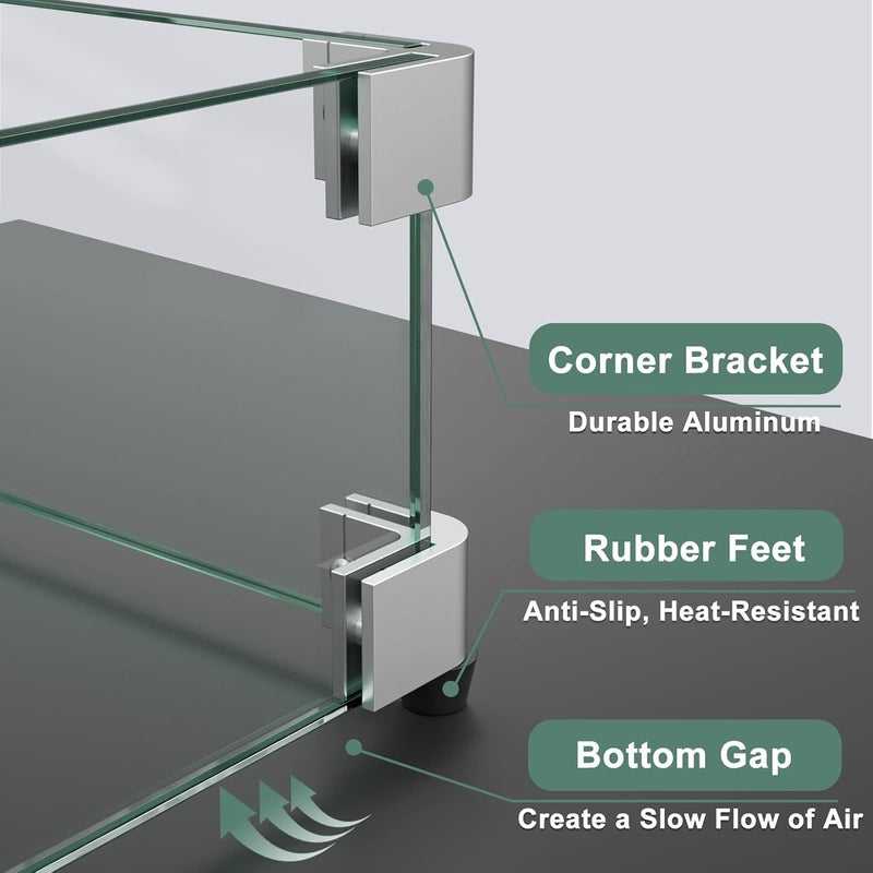 GASPRO 35.5 x 15.5 Inch Glass Wind Guard for Rectangular Fire Pit Table, Thick and Sturdy Tempered Glass Panel with Hard Aluminum Corner Bracket & Rubber Feet, Easy to Assemble - Image 4