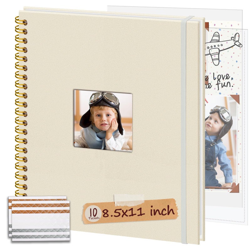Hiwhy 8.5x11 Inch Scrapbook Photo Album, Linen Cover DIY Scrapbooks with 10 Sheets Plastic Sleeves 20 Pages Memory Book for Wedding Birthday Baby Travel (Beige) - Image 1