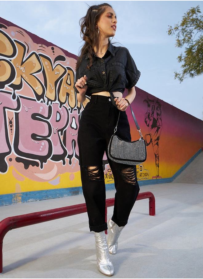 NOH.VOH - Oversized Denim Crop Shirt with Tie Up by Styli - Image 1