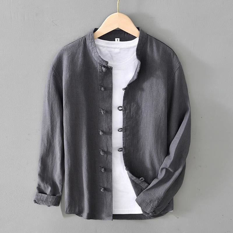 Chinese Style Casual Cotton and Linen Shirt Jacket Mens Thin Long Sleeve Collar Tang Coat National Fashion Retro White Buckle Loose Khakis - Image 2