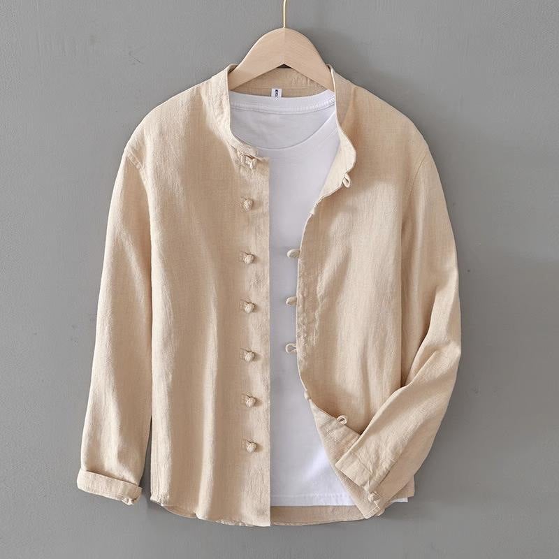 Chinese Style Casual Cotton and Linen Shirt Jacket Mens Thin Long Sleeve Collar Tang Coat National Fashion Retro White Buckle Loose Khakis - Image 1