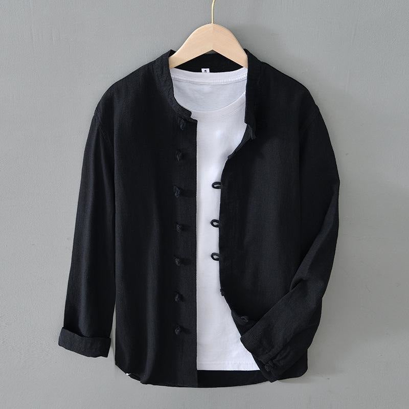Chinese Style Casual Cotton and Linen Shirt Jacket Mens Thin Long Sleeve Collar Tang Coat National Fashion Retro White Buckle Loose Khakis - Image 3