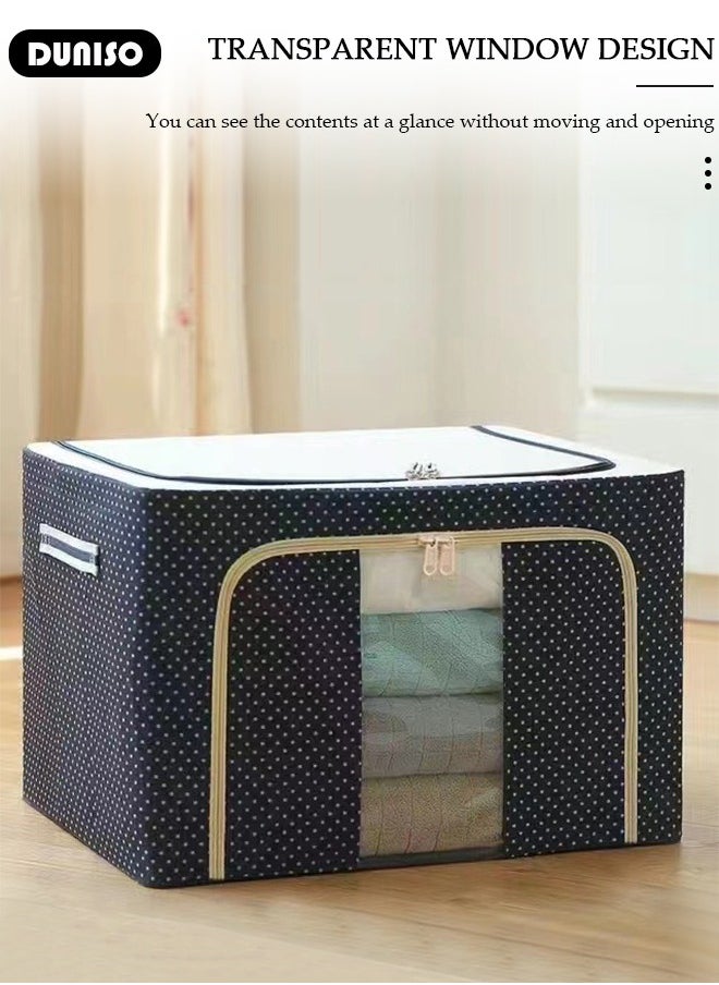 DUNISO - 2 Pack Closet Storage Box with Metal Frame, Stackable Flodable Closet Container Organizer with Lids Handle Double & Zippers, Large Capacity Wardrobe Clothes Storage Box with Clear Window for Blanket, Bedding, Clothes, Comforter - Image 1