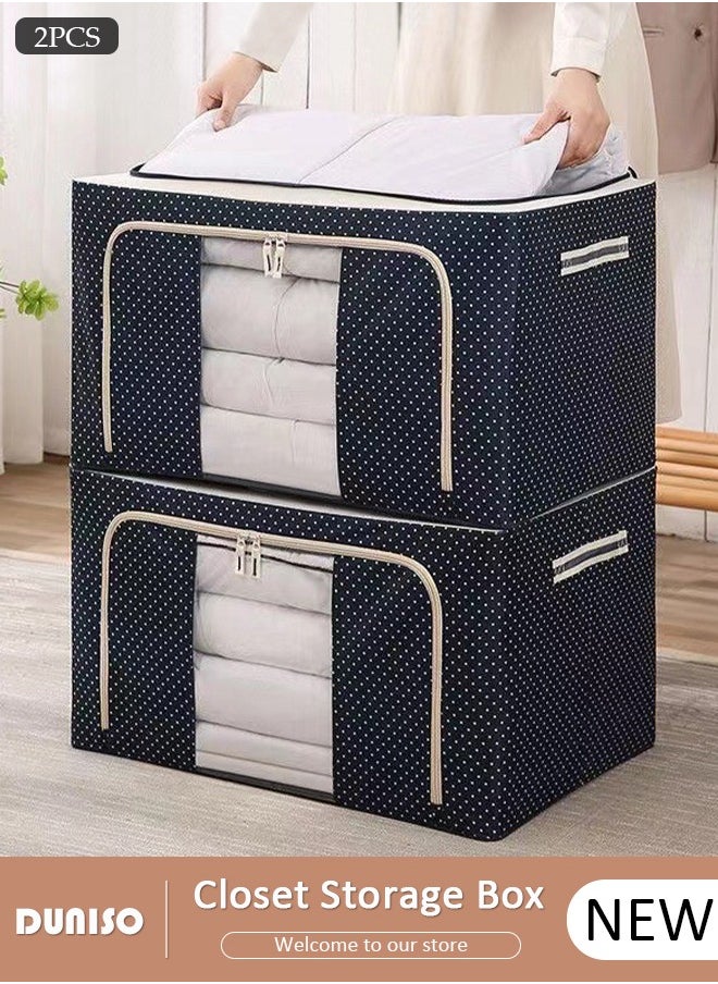DUNISO - 2 Pack Closet Storage Box with Metal Frame, Stackable Flodable Closet Container Organizer with Lids Handle Double & Zippers, Large Capacity Wardrobe Clothes Storage Box with Clear Window for Blanket, Bedding, Clothes, Comforter - Image 1