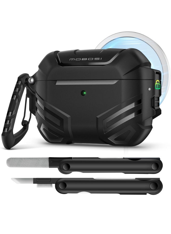 موبوسي جراب AirPods Pro 3 مع قفل، متوافق مع علبة AirPods Pro الجيل الثالث [متوافق مع MagSafe]، غطاء حماية بمعيار عسكري مع مجموعة تنظيف وحلقة تعليق للرجال (2025)، لون أسود - Image 1