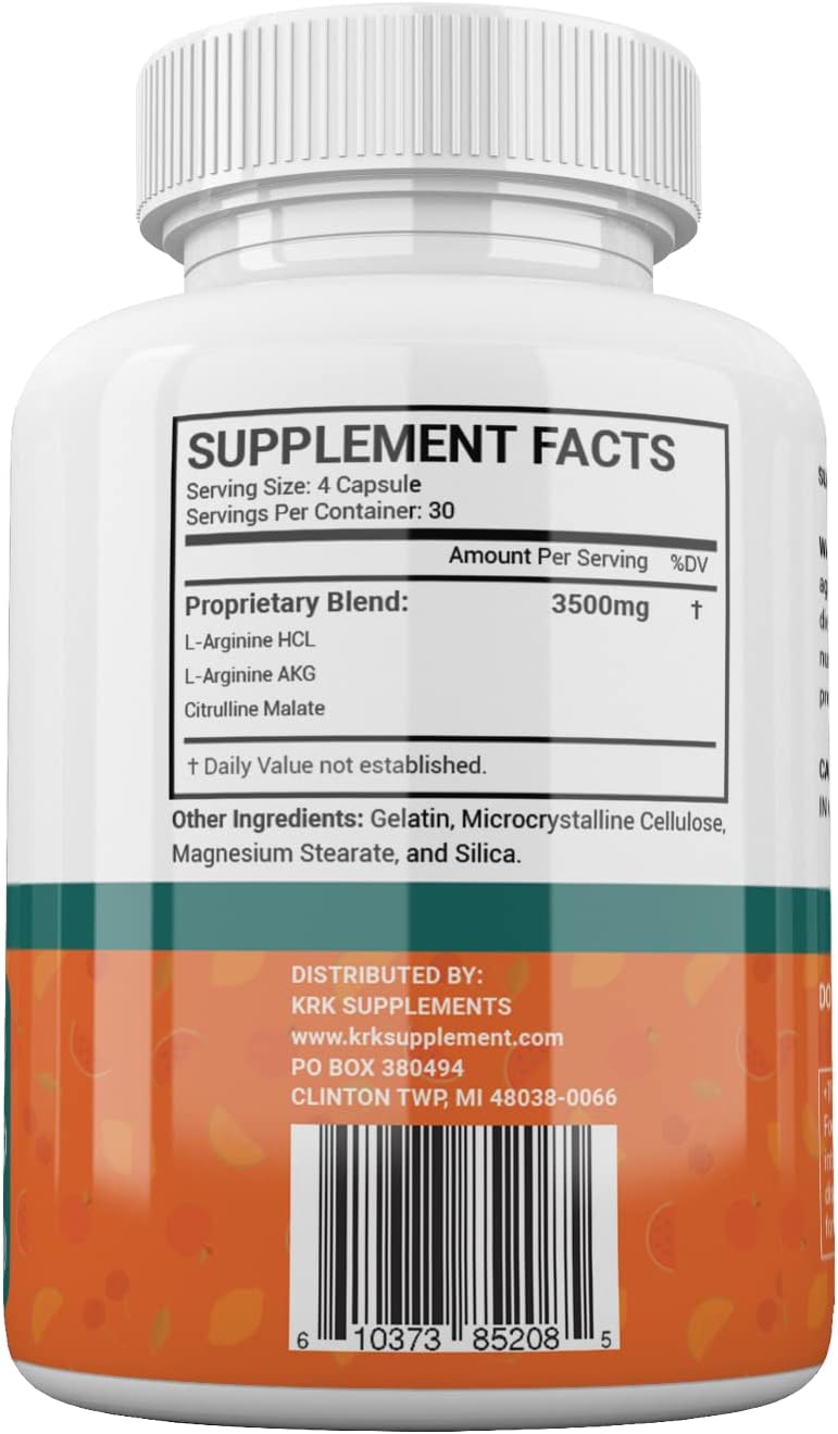 KRK SUPPLEMENTS 2 Bottles Nitric Oxide Complex 3500mg Per Serving LArginine HCL AAKG AKG Alpha Ketoglutarate Citrulline Malate 240 Total Capsules - Image 5