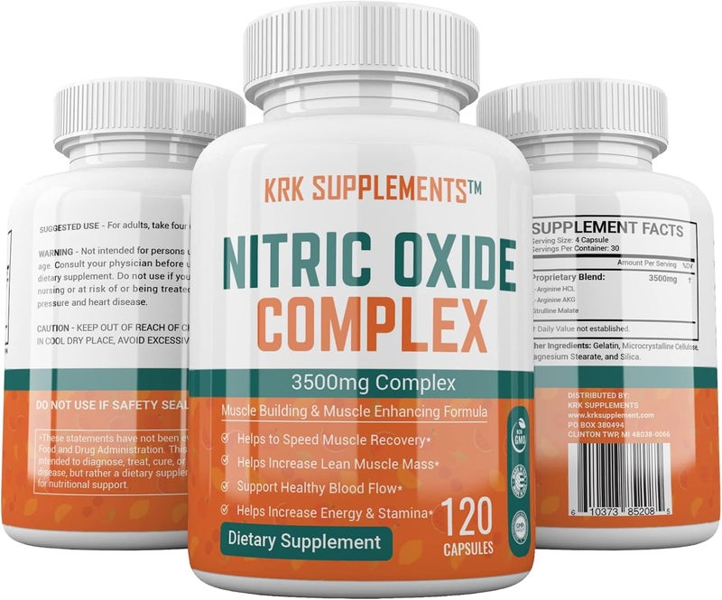 KRK SUPPLEMENTS 2 Bottles Nitric Oxide Complex 3500mg Per Serving LArginine HCL AAKG AKG Alpha Ketoglutarate Citrulline Malate 240 Total Capsules - Image 3