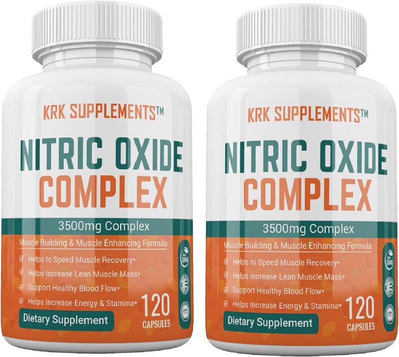 KRK SUPPLEMENTS 2 Bottles Nitric Oxide Complex 3500mg Per Serving LArginine HCL AAKG AKG Alpha Ketoglutarate Citrulline Malate 240 Total Capsules - Image 1