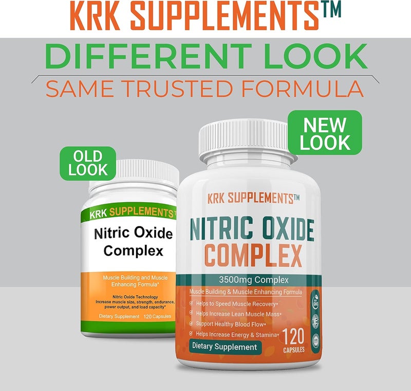 KRK SUPPLEMENTS 2 Bottles Nitric Oxide Complex 3500mg Per Serving LArginine HCL AAKG AKG Alpha Ketoglutarate Citrulline Malate 240 Total Capsules - Image 2