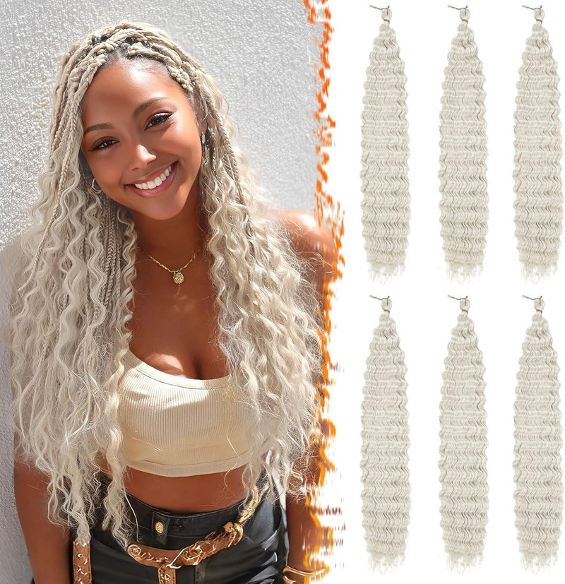 BARSDAR Deep Wave Crochet Braiding Hair, 55 cm 6 Packs Ocean Wave GoGo Curl Crochet Hair for Women Synthetic Boho Braids Long Wavy Curly Braids Hair Extension – Platinum Blonde - Image 1