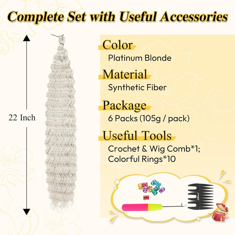 BARSDAR Deep Wave Crochet Braiding Hair, 55 cm 6 Packs Ocean Wave GoGo Curl Crochet Hair for Women Synthetic Boho Braids Long Wavy Curly Braids Hair Extension – Platinum Blonde - Image 2