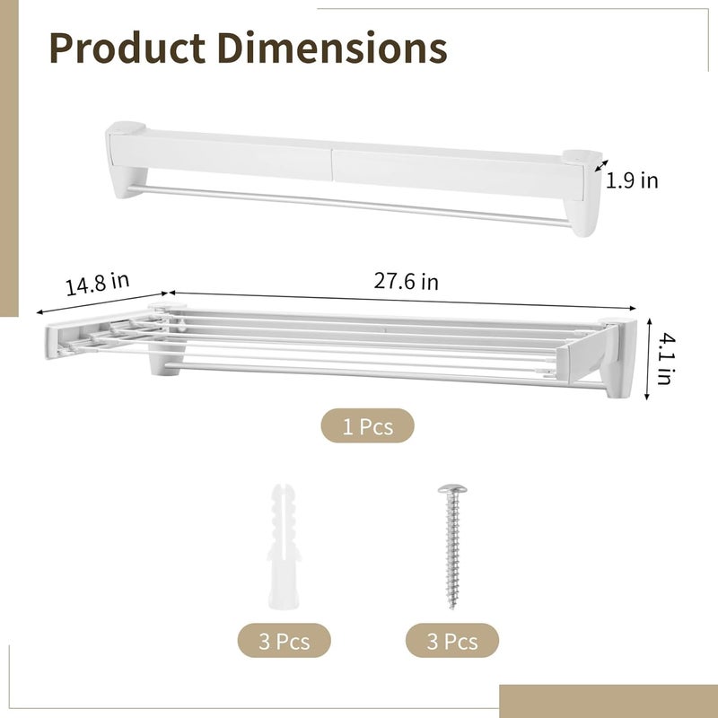 NIMBLOOM Collapsible Wall Laundry Drying Rack, Wall Mounted Plastic Clothes Dry Rack with 5 Sliding Rods 1 Fixed Towel Bar, Space-Saving Foldable Laundry Hanger for Indoor Balcony Small Spaces - Image 4
