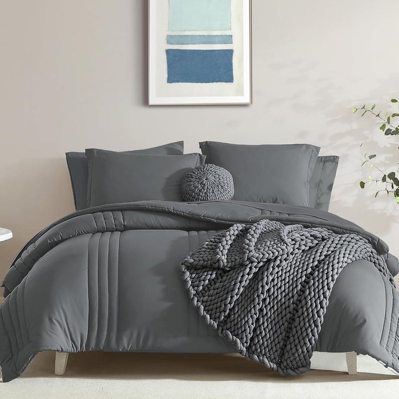 Monbix Twin XL Size Comforter Set - Extra Long 5 Pieces Dorm Bedding Sets, Quilting Design Fluffy Bed in a Bag Twin XL with Sheets, Pillowcase & Sham(Grey) - Image 1