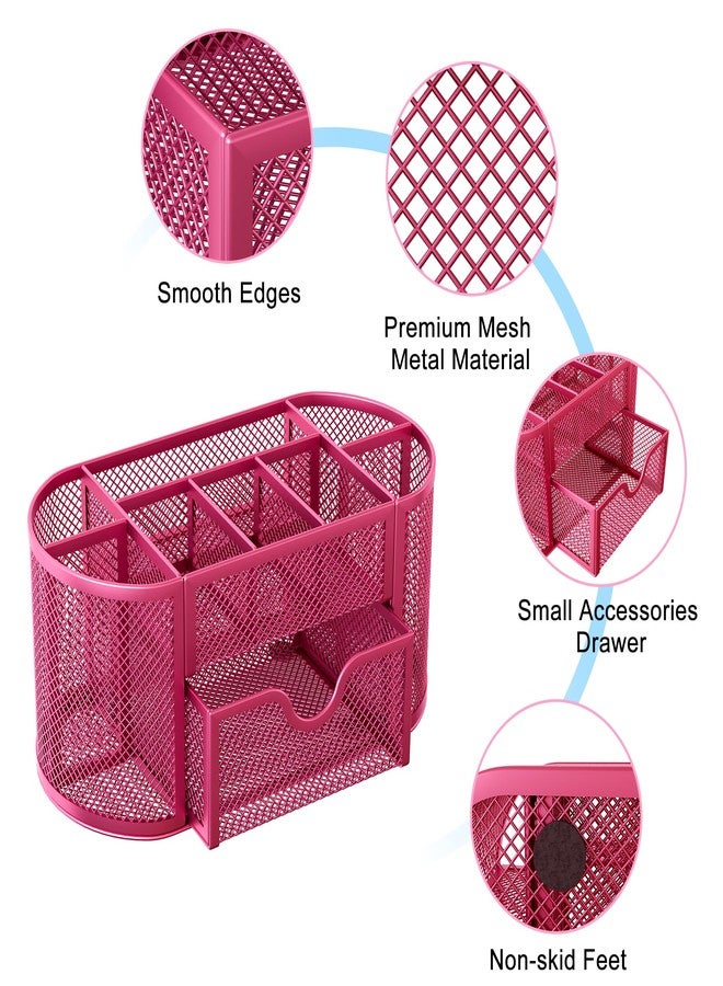 EasyPAG Mesh Pen Holder Desk Organizer with Drawer Stationery Supplies Organizer for Dorm School 9 Compartments Workspace Desk Accessories Organization for Office, Hot Pink - Image 4