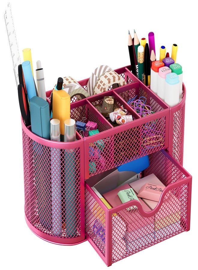 EasyPAG Mesh Pen Holder Desk Organizer with Drawer Stationery Supplies Organizer for Dorm School 9 Compartments Workspace Desk Accessories Organization for Office, Hot Pink - Image 1