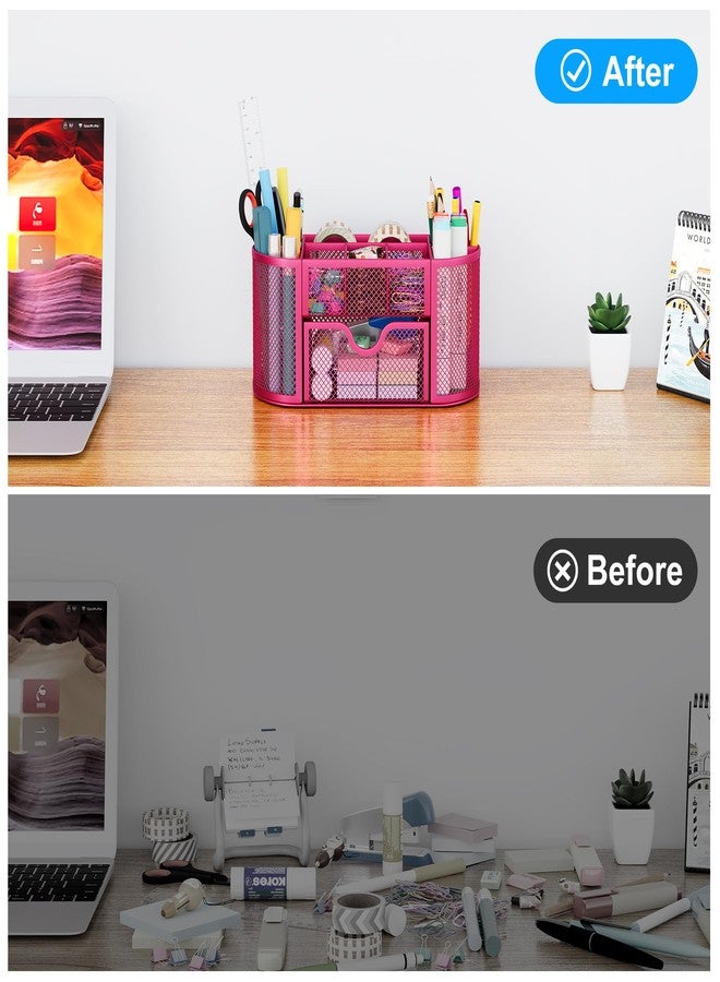 EasyPAG Mesh Pen Holder Desk Organizer with Drawer Stationery Supplies Organizer for Dorm School 9 Compartments Workspace Desk Accessories Organization for Office, Hot Pink - Image 5