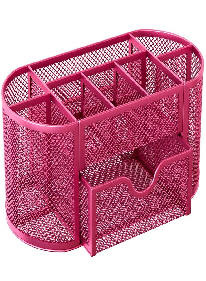 EasyPAG Mesh Pen Holder Desk Organizer with Drawer Stationery Supplies Organizer for Dorm School 9 Compartments Workspace Desk Accessories Organization for Office, Hot Pink - Image 2